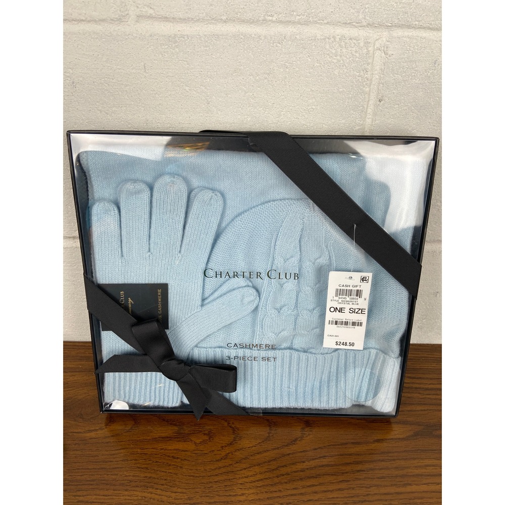 NIB Charter Club Cashmere Gift Set‎ - Hat, Gloves, Scarf - Crystal Blue One Size